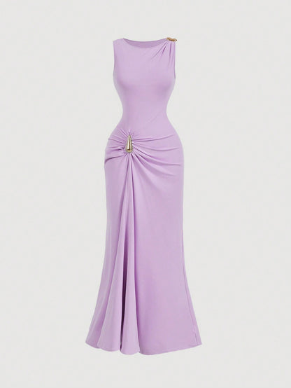 MOD Women's Solid Color Metal Buckle Pleated Asymmetric Fitted Long Dress, Gowns For Formal Occasion Evening Dresses Ladies Dresses,Summer Women