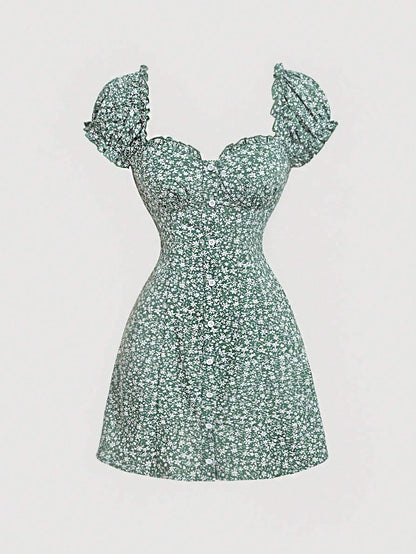 MOD Women Sweetheart Collar Sleeveless All-Over Ditsy Floral Dress