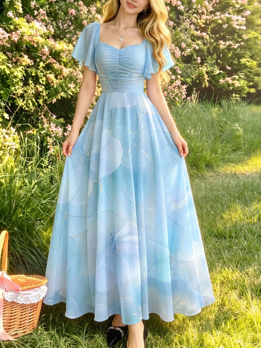 Modelyn Ditsy Floral Pleated Cap Sleeve Dress, Elegant Waist Cinched Long Dress For Summer Vacation And Daily Wear