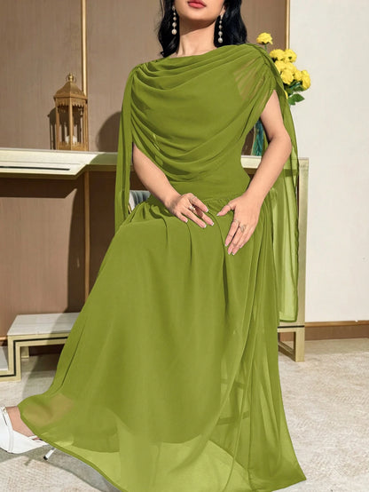 Modelyn Women's Solid Color Draped Elegant Cape Sleeve Mid-Length Dress,Summer Dresses For Women