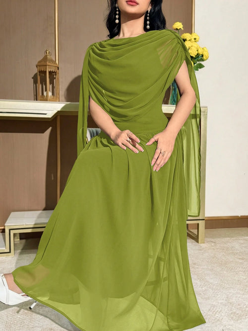 Modelyn Women's Solid Color Draped Elegant Cape Sleeve Mid-Length Dress,Summer Dresses For Women