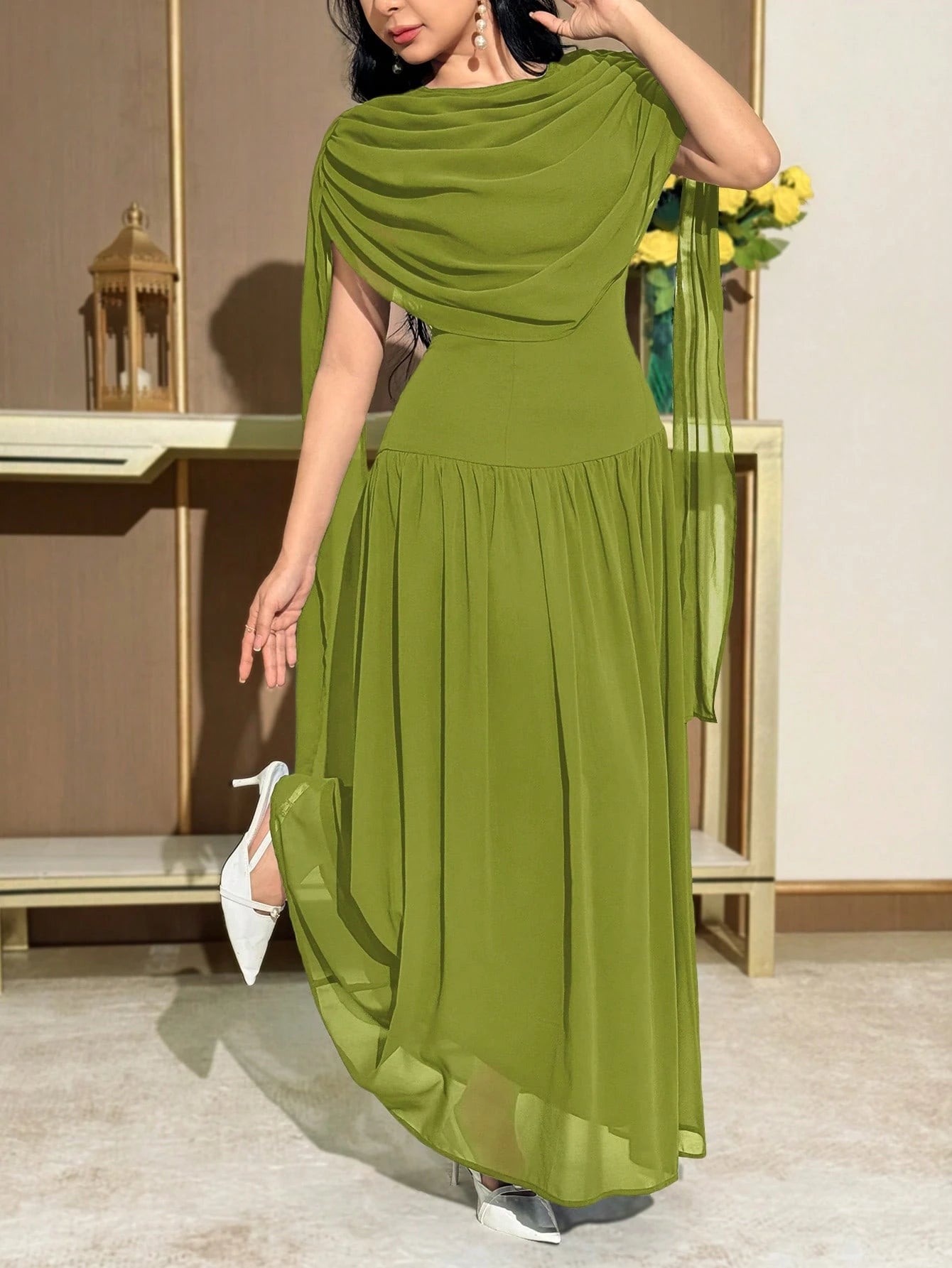 Modelyn Women's Solid Color Draped Elegant Cape Sleeve Mid-Length Dress,Summer Dresses For Women