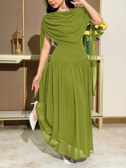 Modelyn Women's Solid Color Draped Elegant Cape Sleeve Mid-Length Dress,Summer Dresses For Women