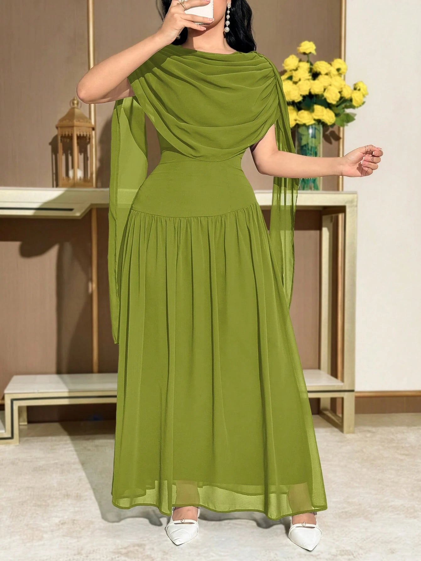 Modelyn Women's Solid Color Draped Elegant Cape Sleeve Mid-Length Dress,Summer Dresses For Women