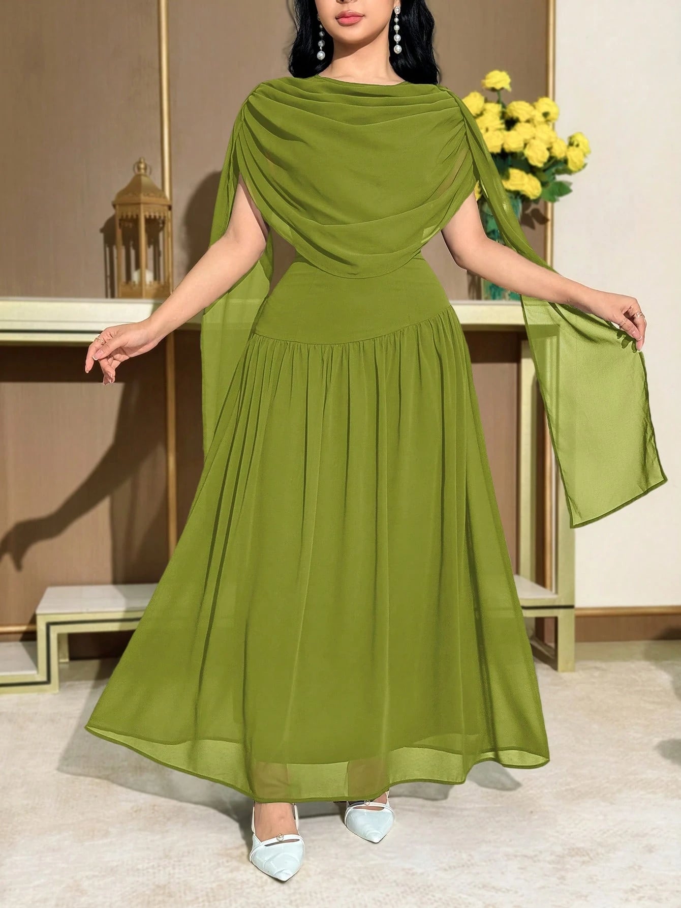 Modelyn Women's Solid Color Draped Elegant Cape Sleeve Mid-Length Dress,Summer Dresses For Women