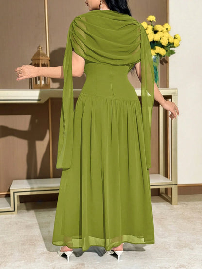 Modelyn Women's Solid Color Draped Elegant Cape Sleeve Mid-Length Dress,Summer Dresses For Women