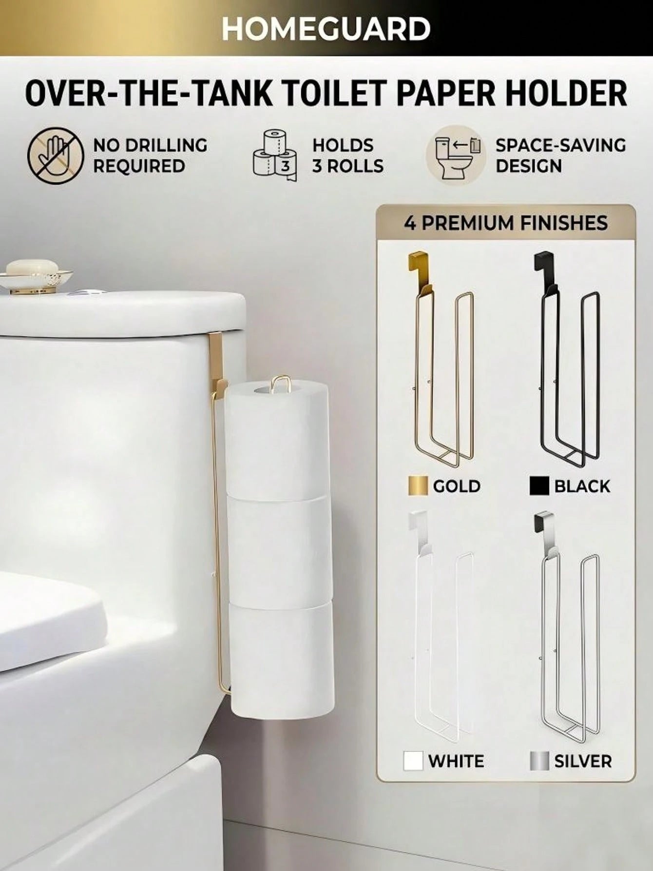 Modern Style Toilet Paper Holder- Durable Metal Hanging Toilet Paper Storage Rack- 3 Roll Capacity Bathroom Storage Shelf- Simple No-Installation Toilet Paper Holder