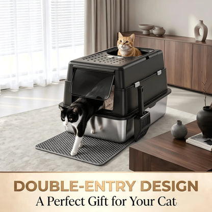 MOFOROCO Extra Large Stainless Steel Litter Box With Lid And Litter Mat, High Sided Enclosed Metal Cat Litter Pan, Large Enclosed Cat Litter Box For Big Cats, Dog Proof Front Entry Top Exit, Odor Cont