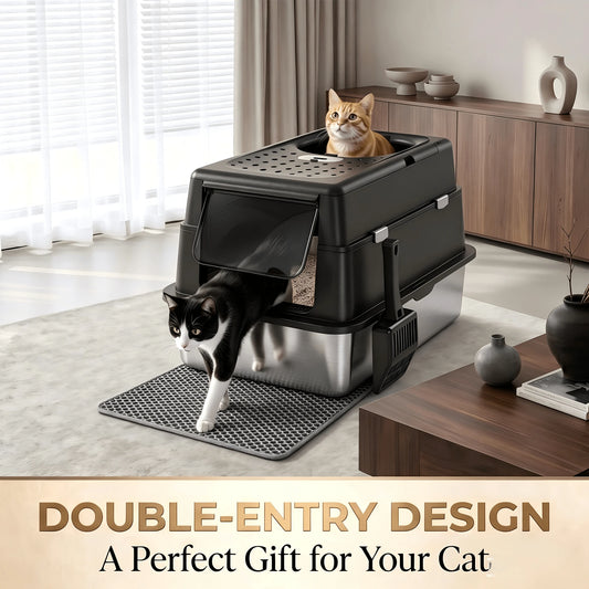MOFOROCO Extra Large Stainless Steel Litter Box With Lid And Litter Mat, High Sided Enclosed Metal Cat Litter Pan, Large Enclosed Cat Litter Box For Big Cats, Dog Proof Front Entry Top Exit, Odor Cont