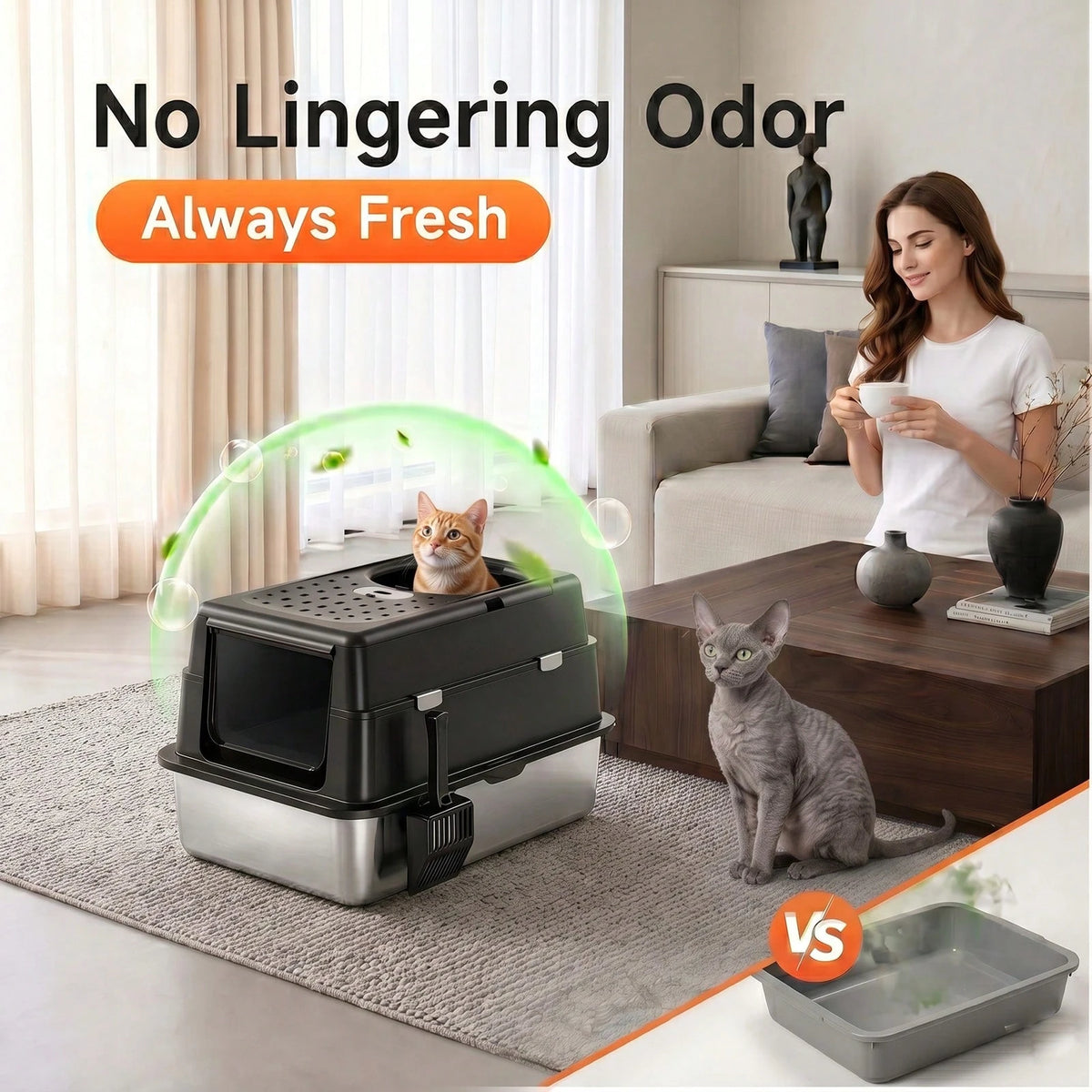 MOFOROCO Extra Large Stainless Steel Litter Box With Lid And Litter Mat, High Sided Enclosed Metal Cat Litter Pan, Large Enclosed Cat Litter Box For Big Cats, Dog Proof Front Entry Top Exit, Odor Cont