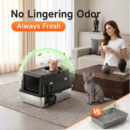 MOFOROCO Extra Large Stainless Steel Litter Box With Lid And Litter Mat, High Sided Enclosed Metal Cat Litter Pan, Large Enclosed Cat Litter Box For Big Cats, Dog Proof Front Entry Top Exit, Odor Cont