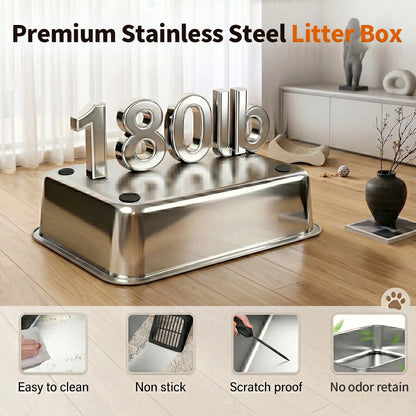 MOFOROCO Extra Large Stainless Steel Litter Box With Lid And Litter Mat, High Sided Enclosed Metal Cat Litter Pan, Large Enclosed Cat Litter Box For Big Cats, Dog Proof Front Entry Top Exit, Odor Cont