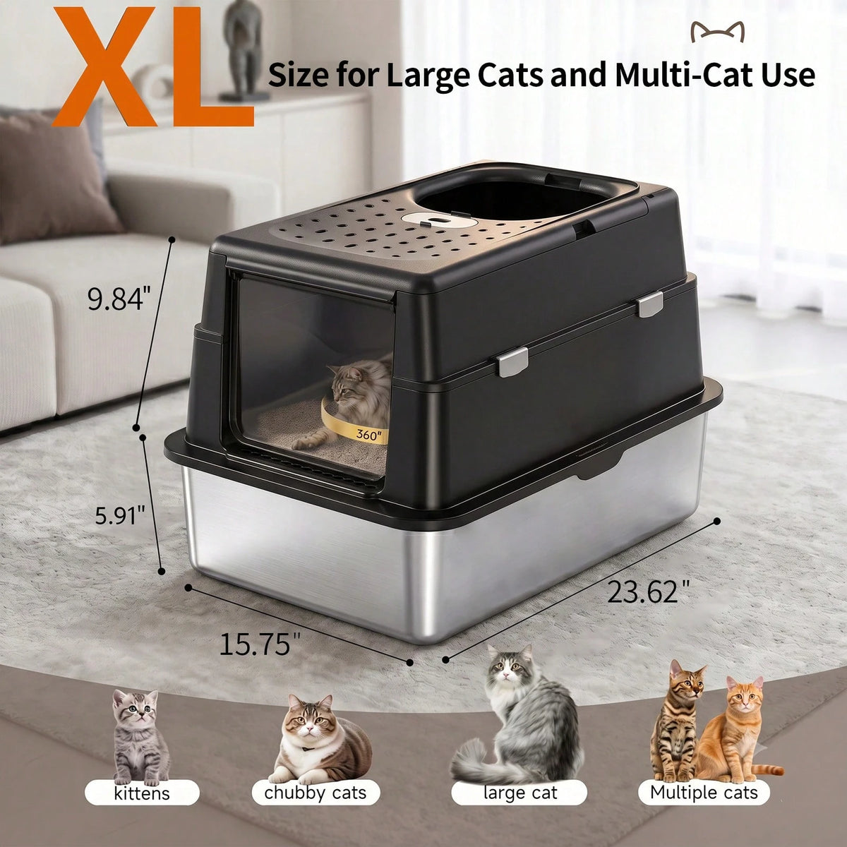 MOFOROCO Extra Large Stainless Steel Litter Box With Lid And Litter Mat, High Sided Enclosed Metal Cat Litter Pan, Large Enclosed Cat Litter Box For Big Cats, Dog Proof Front Entry Top Exit, Odor Cont
