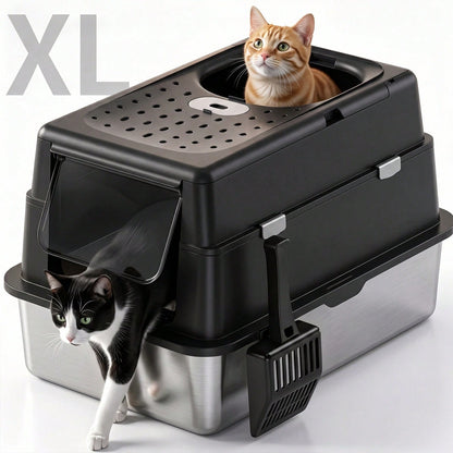MOFOROCO Extra Large Stainless Steel Litter Box With Lid And Litter Mat, High Sided Enclosed Metal Cat Litter Pan, Large Enclosed Cat Litter Box For Big Cats, Dog Proof Front Entry Top Exit, Odor Cont