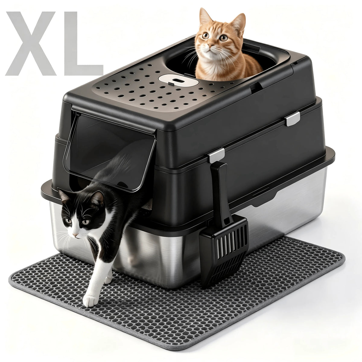 MOFOROCO Extra Large Stainless Steel Litter Box With Lid And Litter Mat, High Sided Enclosed Metal Cat Litter Pan, Large Enclosed Cat Litter Box For Big Cats, Dog Proof Front Entry Top Exit, Odor Cont