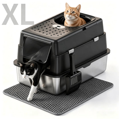 MOFOROCO Extra Large Stainless Steel Litter Box With Lid And Litter Mat, High Sided Enclosed Metal Cat Litter Pan, Large Enclosed Cat Litter Box For Big Cats, Dog Proof Front Entry Top Exit, Odor Cont