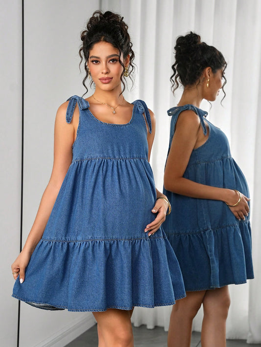 Momance Maternity Denim Jumpsuit Dress For Pregnant Women,Light Blue,Autumn,Casual,Baby Shower,Maternity Fashionable Comfortable Jean Pregnancy Photoshoot