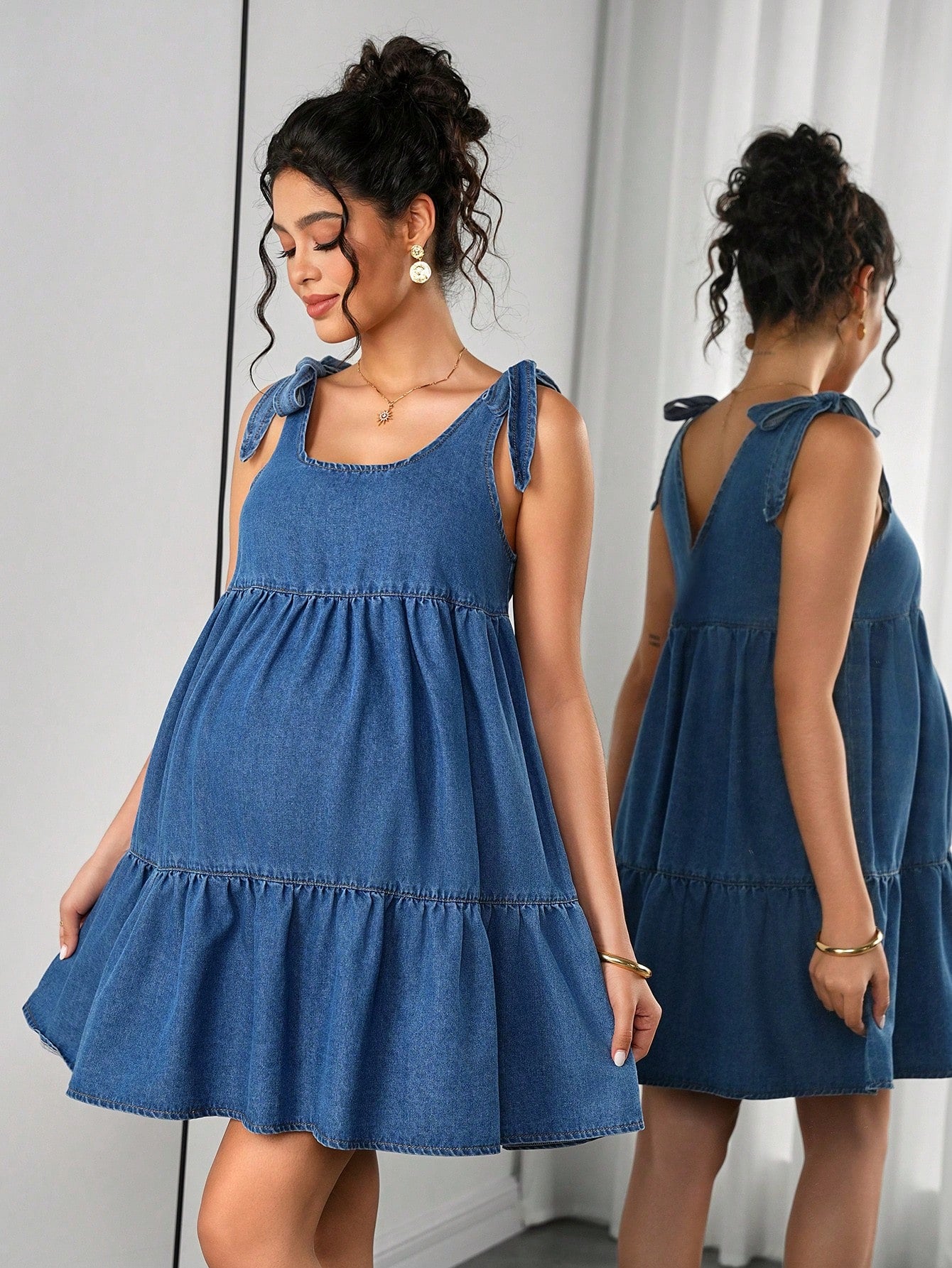 Momance Maternity Denim Jumpsuit Dress For Pregnant Women,Light Blue,Autumn,Casual,Baby Shower,Maternity Fashionable Comfortable Jean Pregnancy Photoshoot