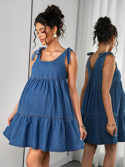 Momance Maternity Denim Jumpsuit Dress For Pregnant Women,Light Blue,Autumn,Casual,Baby Shower,Maternity Fashionable Comfortable Jean Pregnancy Photoshoot