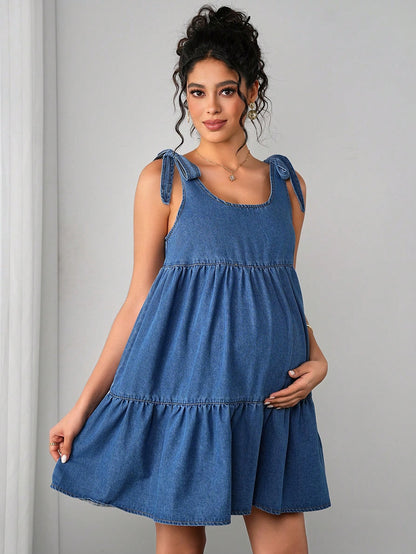 Momance Maternity Denim Jumpsuit Dress For Pregnant Women,Light Blue,Autumn,Casual,Baby Shower,Maternity Fashionable Comfortable Jean Pregnancy Photoshoot