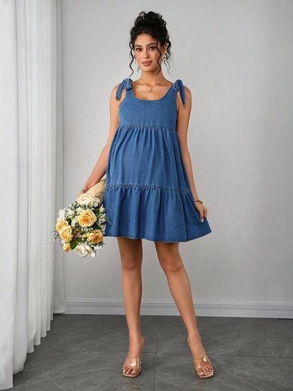 Momance Maternity Denim Jumpsuit Dress For Pregnant Women,Light Blue,Autumn,Casual,Baby Shower,Maternity Fashionable Comfortable Jean Pregnancy Photoshoot