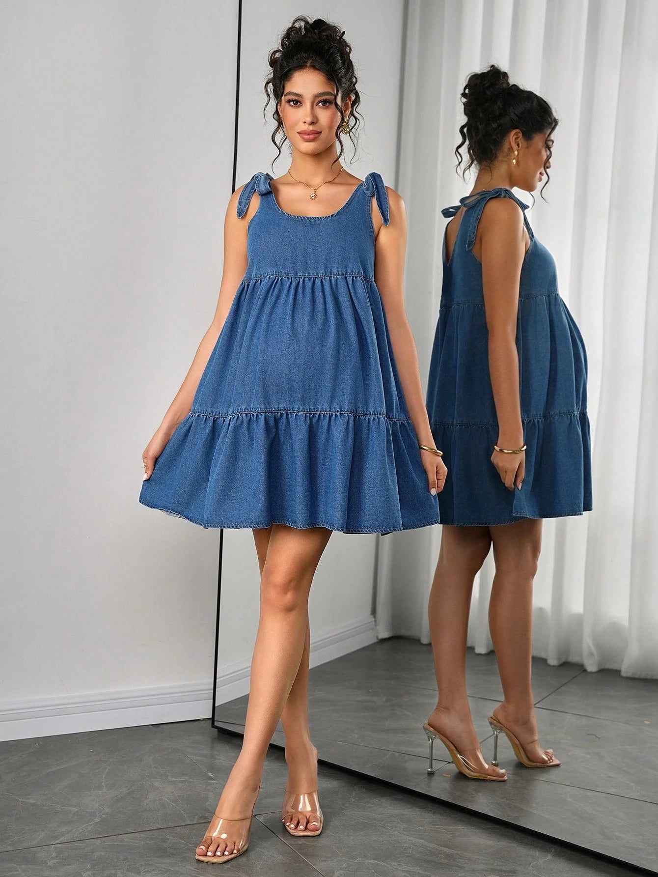 Momance Maternity Denim Jumpsuit Dress For Pregnant Women,Light Blue,Autumn,Casual,Baby Shower,Maternity Fashionable Comfortable Jean Pregnancy Photoshoot