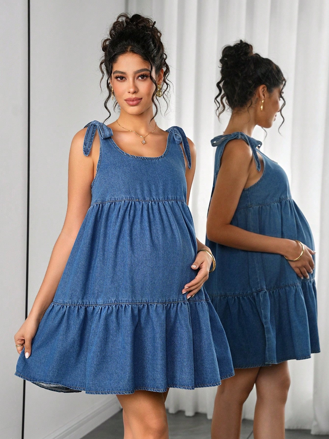 Momance Maternity Denim Jumpsuit Dress For Pregnant Women,Light Blue,Autumn,Casual,Baby Shower,Maternity Fashionable Comfortable Jean Pregnancy Photoshoot