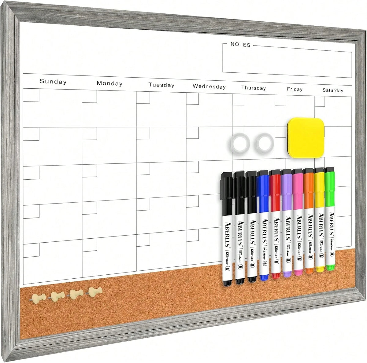 Monthly Whiteboard Calendar &Amp; Corkboard For Wall, Magnetic 17"X13" Dry Erase Board With Gray Wood Framed, 2in1 White Board Cork Board