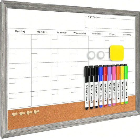 Monthly Whiteboard Calendar &Amp; Corkboard For Wall, Magnetic 17"X13" Dry Erase Board With Gray Wood Framed, 2in1 White Board Cork Board
