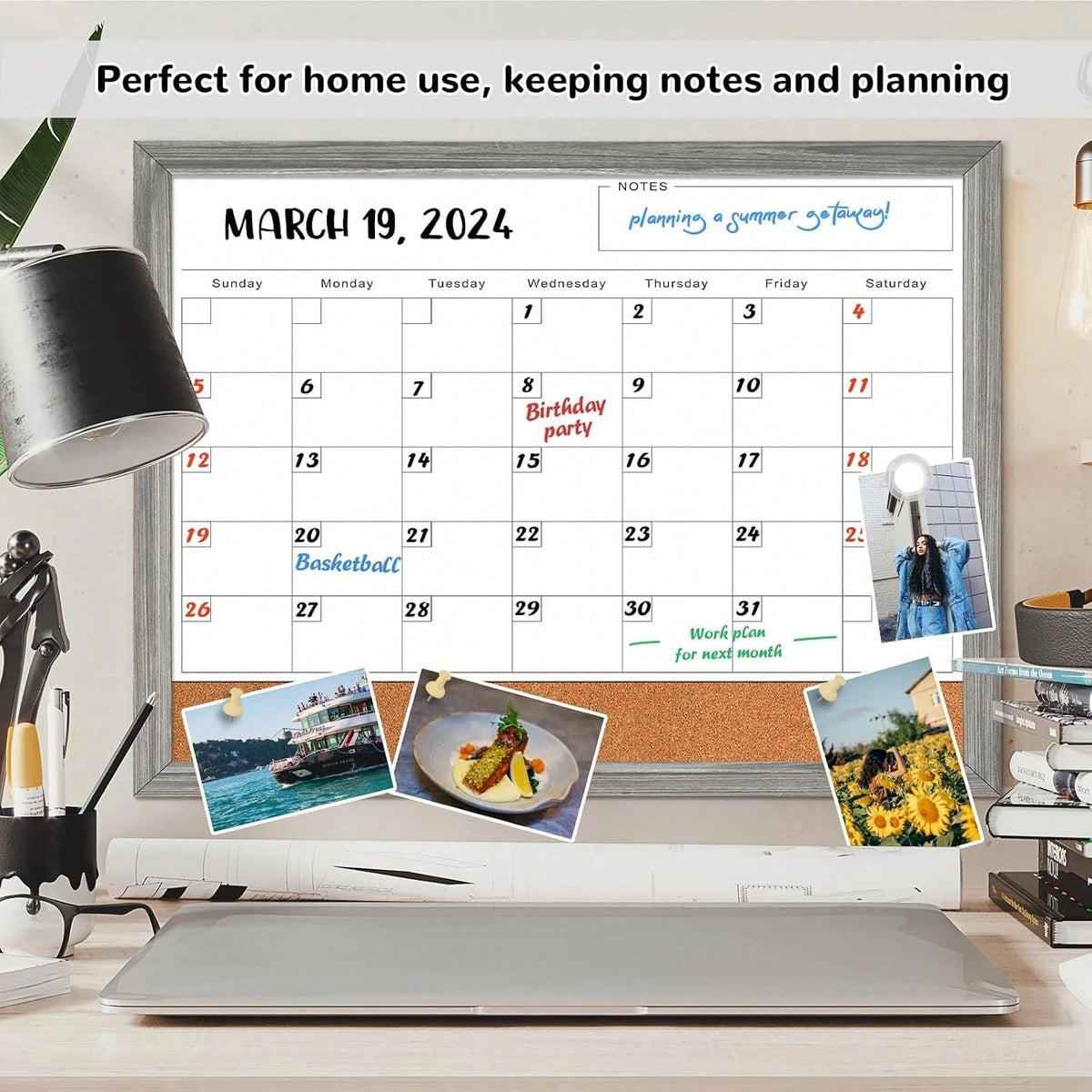 Monthly Whiteboard Calendar &Amp; Corkboard For Wall, Magnetic 17"X13" Dry Erase Board With Gray Wood Framed, 2in1 White Board Cork Board