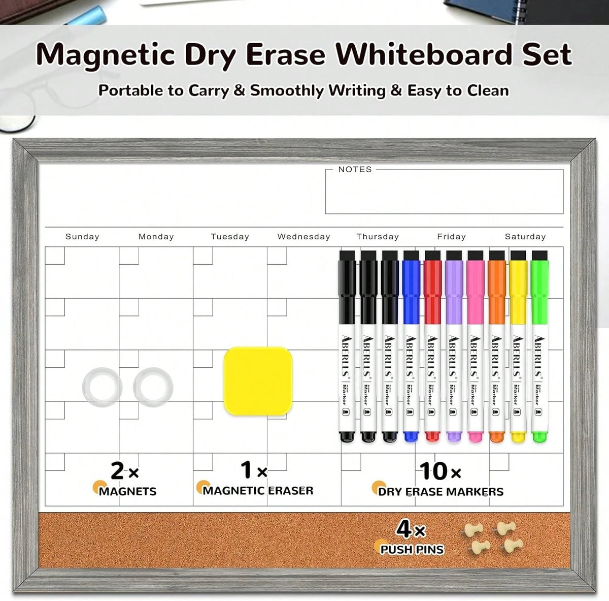 Monthly Whiteboard Calendar &Amp; Corkboard For Wall, Magnetic 17"X13" Dry Erase Board With Gray Wood Framed, 2in1 White Board Cork Board