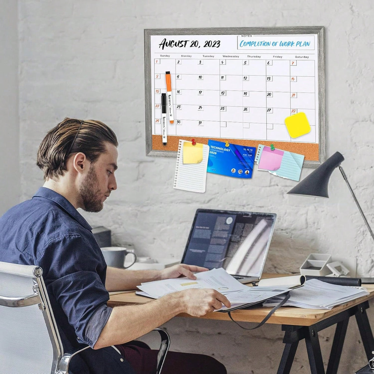 Monthly Whiteboard Calendar &Amp; Corkboard For Wall, Magnetic 17"X13" Dry Erase Board With Gray Wood Framed, 2in1 White Board Cork Board