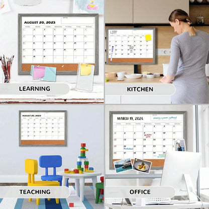 Monthly Whiteboard Calendar &Amp; Corkboard For Wall, Magnetic 17"X13" Dry Erase Board With Gray Wood Framed, 2in1 White Board Cork Board