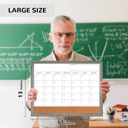 Monthly Whiteboard Calendar &Amp; Corkboard For Wall, Magnetic 17"X13" Dry Erase Board With Gray Wood Framed, 2in1 White Board Cork Board