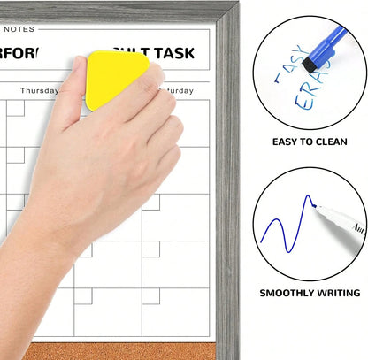Monthly Whiteboard Calendar &Amp; Corkboard For Wall, Magnetic 17"X13" Dry Erase Board With Gray Wood Framed, 2in1 White Board Cork Board