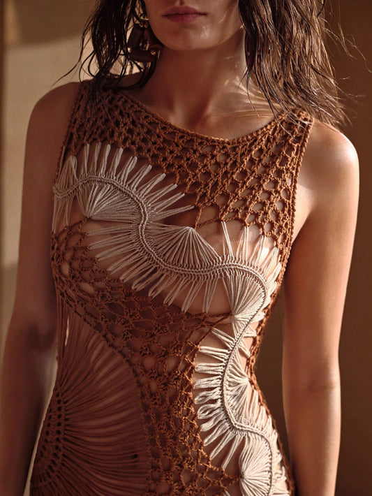 MOTF PREMIUM HANDMADE CROCHET COLORBLOCK ASYMMETRIC HEM KNIT BEACH COVER UP DRESS SUITABLE FOR VACATION BROWN SUMMER BOHO