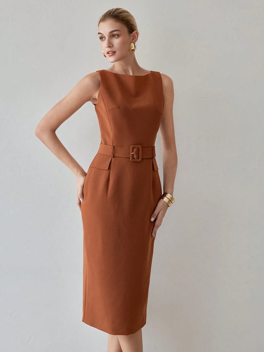 MOTF PREMIUM SOLID FLAP DETAIL BUCKLE BELTED MIDI DRESS