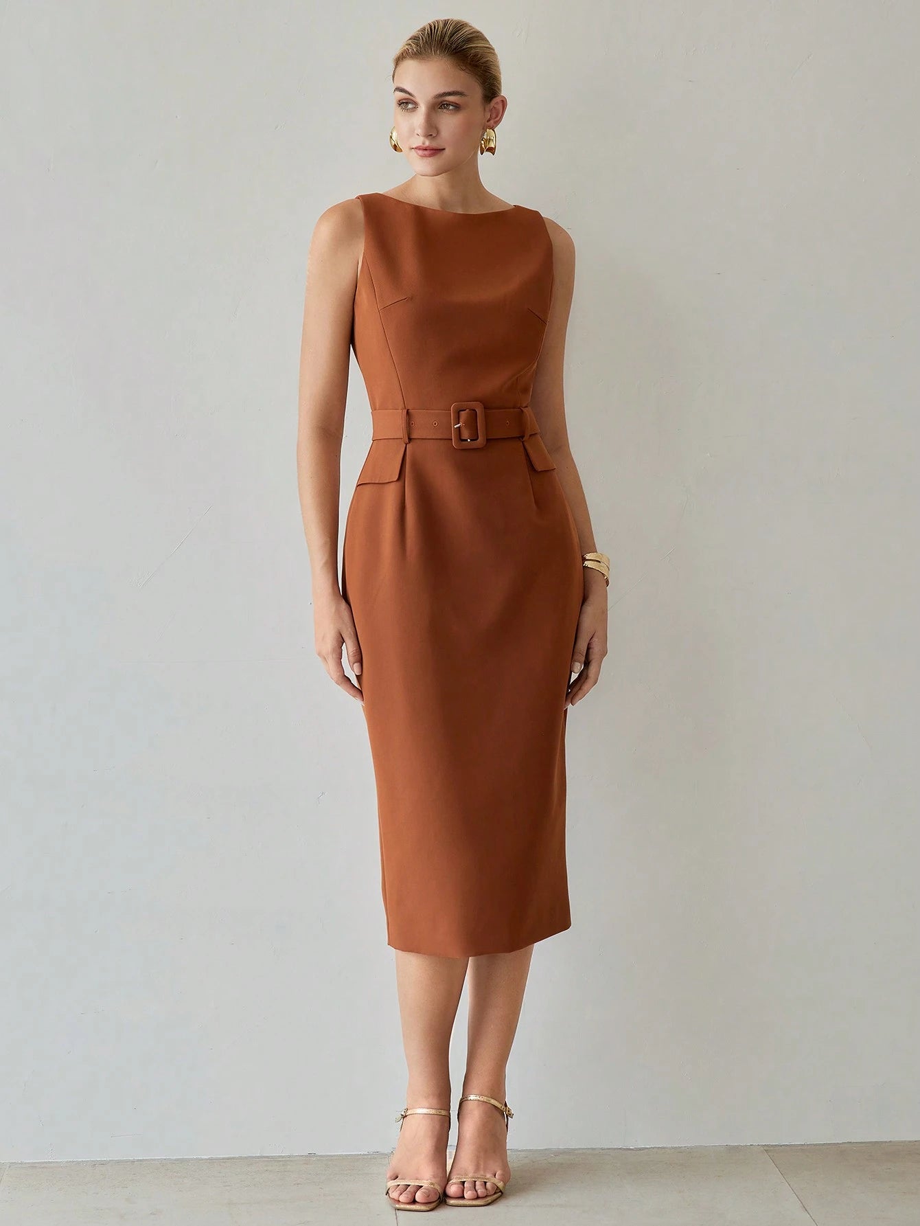 MOTF PREMIUM SOLID FLAP DETAIL BUCKLE BELTED MIDI DRESS