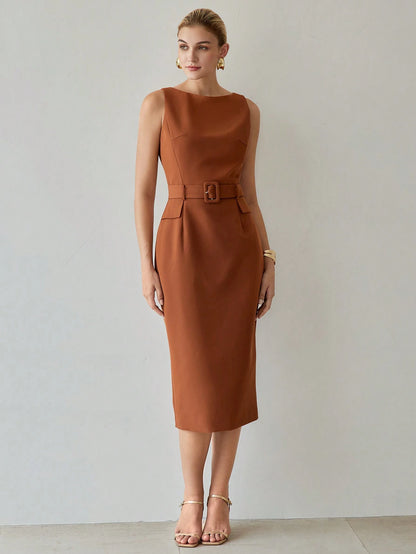 MOTF PREMIUM SOLID FLAP DETAIL BUCKLE BELTED MIDI DRESS