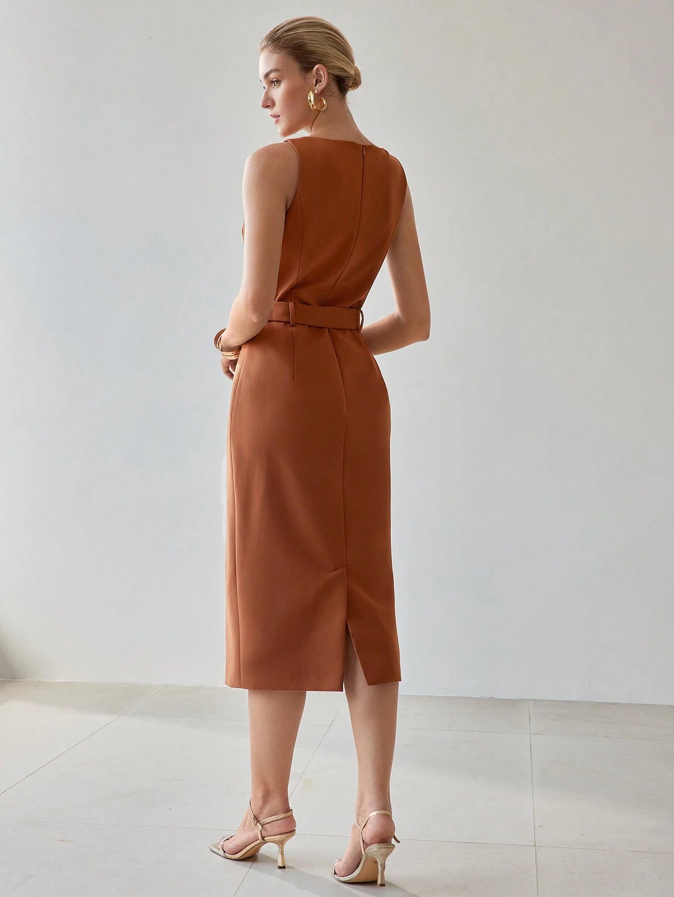 MOTF PREMIUM SOLID FLAP DETAIL BUCKLE BELTED MIDI DRESS