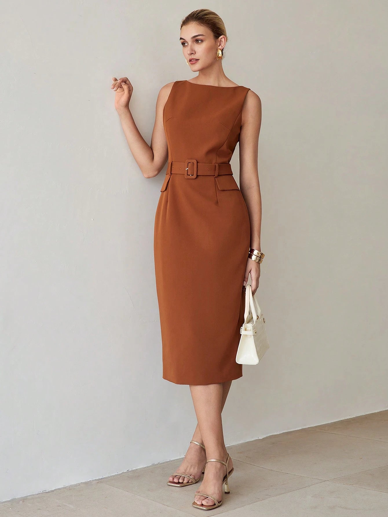 MOTF PREMIUM SOLID FLAP DETAIL BUCKLE BELTED MIDI DRESS