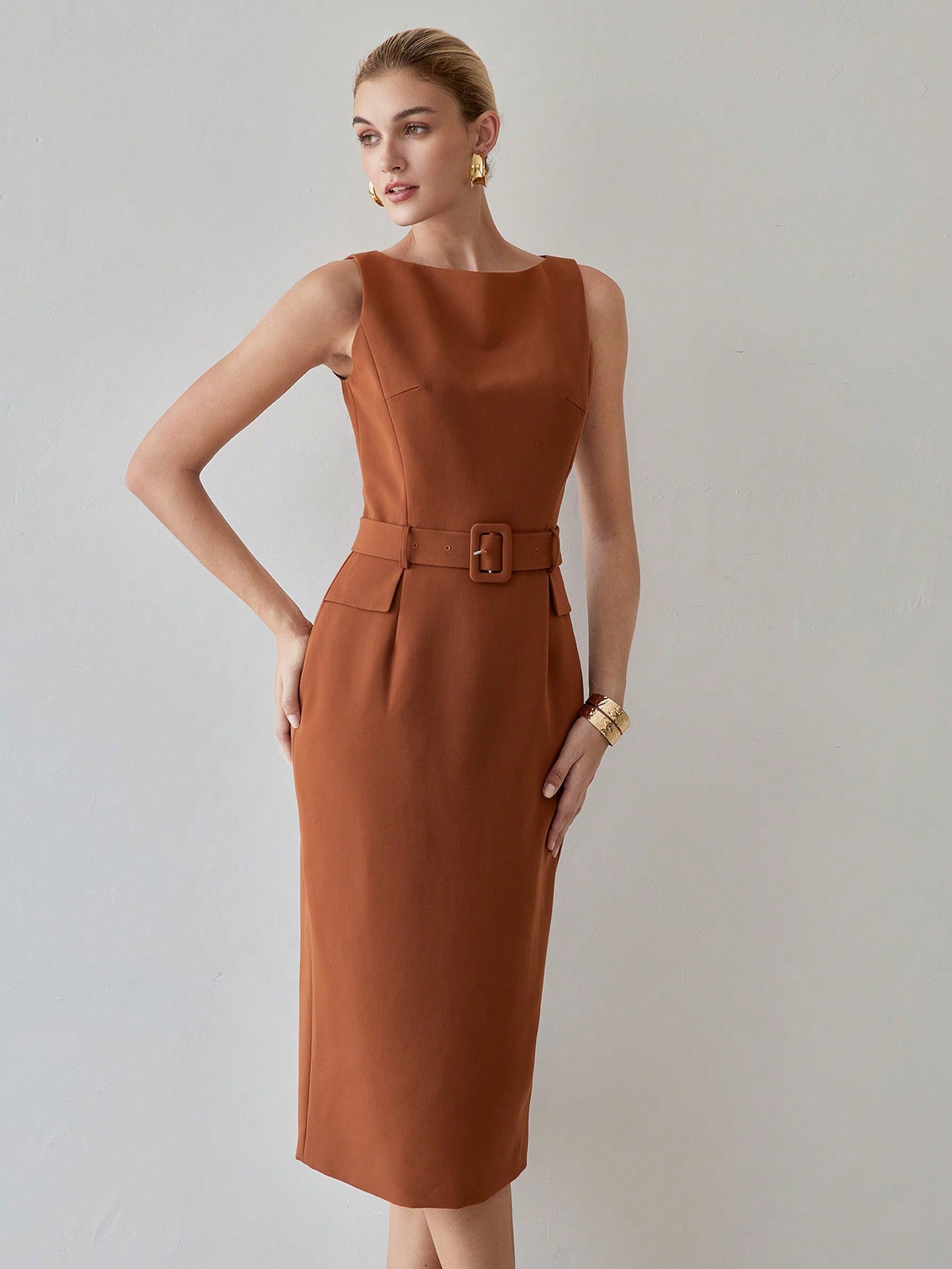 MOTF PREMIUM SOLID FLAP DETAIL BUCKLE BELTED MIDI DRESS
