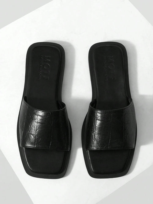 MOTF PREMIUM SUMMER VINTAGE BLACK STONE PATTERN SEXY SQUARE TOE FLAT VERSATILE WOMEN'S SANDALS