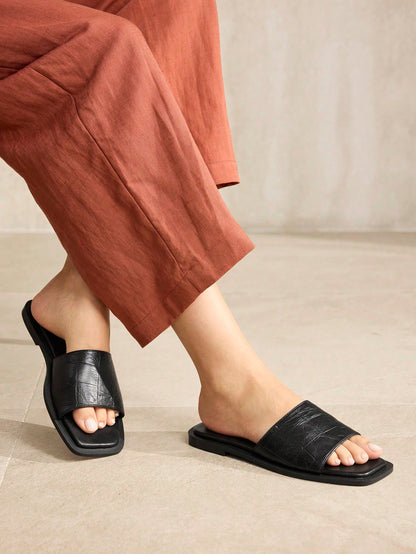 MOTF PREMIUM SUMMER VINTAGE BLACK STONE PATTERN SEXY SQUARE TOE FLAT VERSATILE WOMEN'S SANDALS