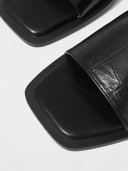 MOTF PREMIUM SUMMER VINTAGE BLACK STONE PATTERN SEXY SQUARE TOE FLAT VERSATILE WOMEN'S SANDALS