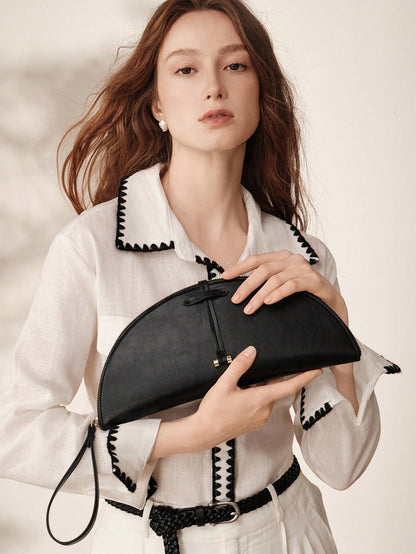 MOTF WOMEN'S FASHION HALF-MOON CLUTCH, CLASSIC BLACK, MINIMALIST HANDBAG FOR DAILY, COMMUTING, BANQUETS, DRESS MATCHING