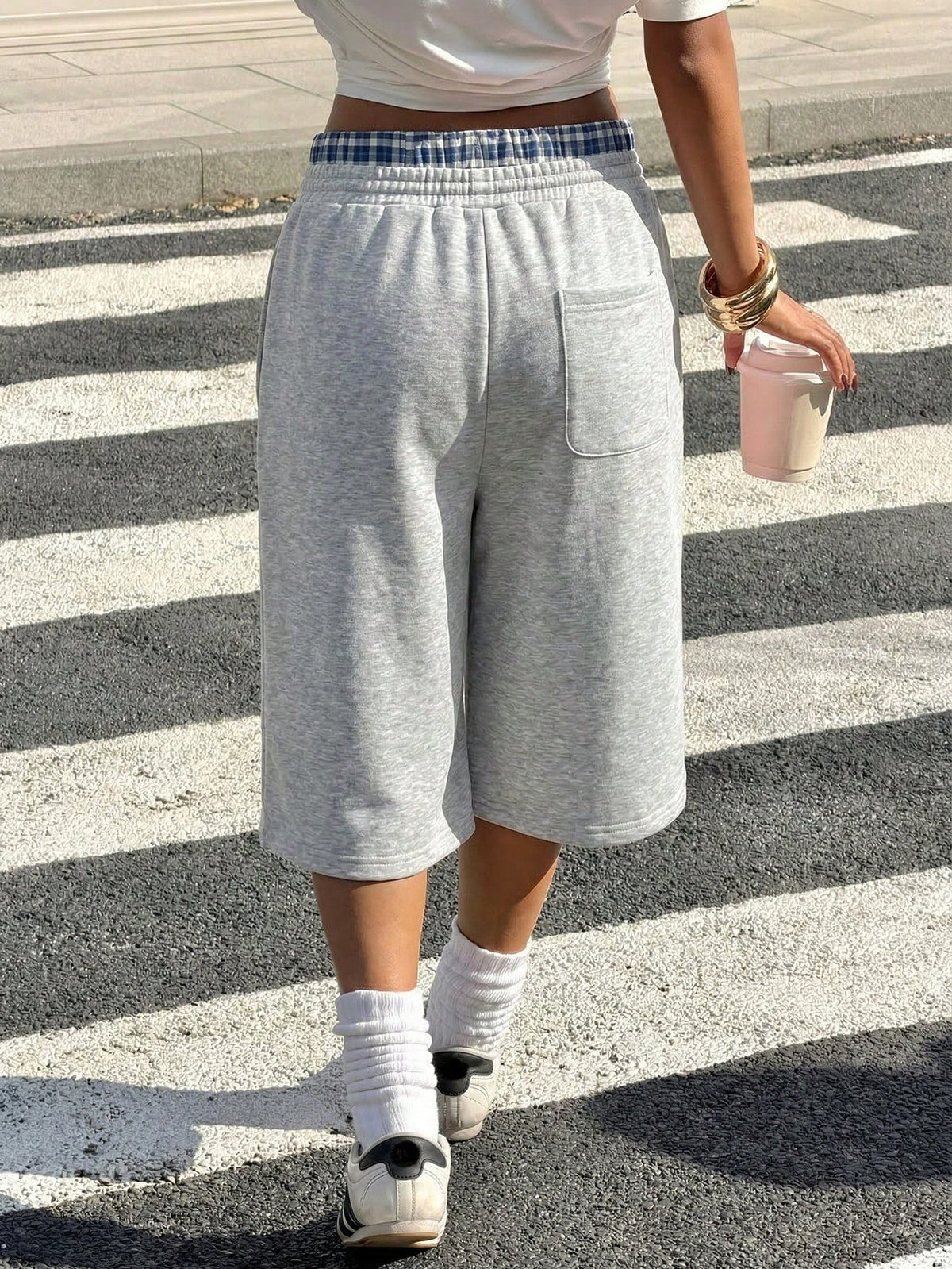 Muchica Gray Knitted Wide Leg Split Capris For Women Casual Athleisure Baggy Athletic Plaid Waist Detail Comfortable Summer Style Workout Gym