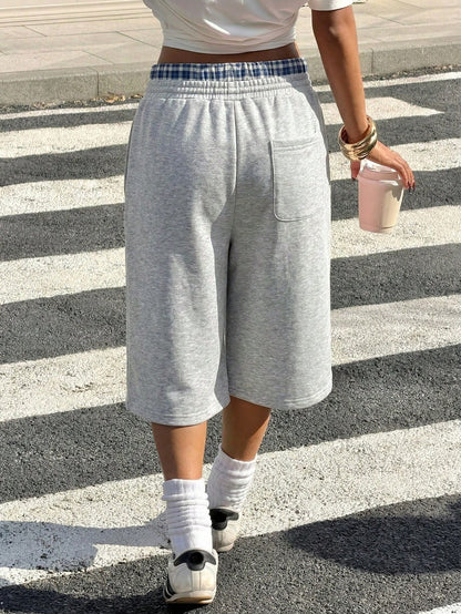 Muchica Gray Knitted Wide Leg Split Capris For Women Casual Athleisure Baggy Athletic Plaid Waist Detail Comfortable Summer Style Workout Gym