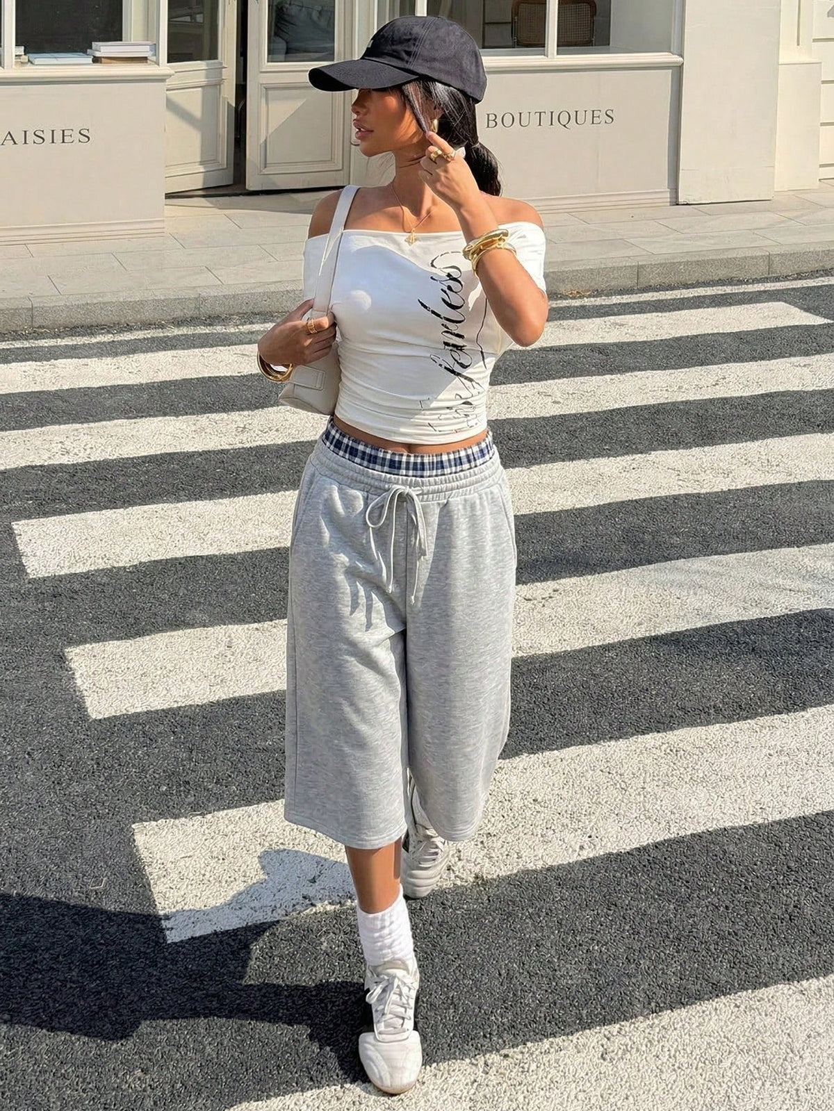 Muchica Gray Knitted Wide Leg Split Capris For Women Casual Athleisure Baggy Athletic Plaid Waist Detail Comfortable Summer Style Workout Gym