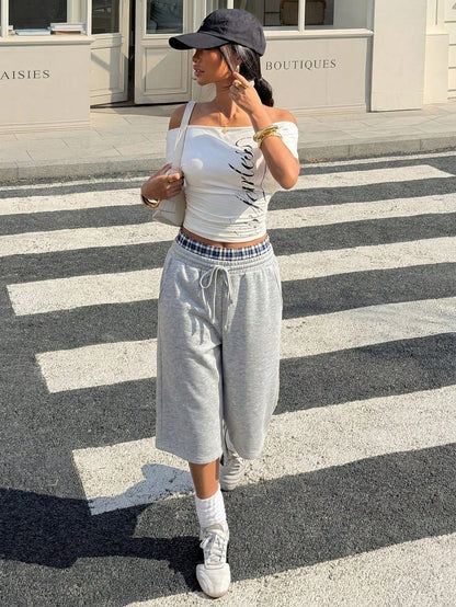 Muchica Gray Knitted Wide Leg Split Capris For Women Casual Athleisure Baggy Athletic Plaid Waist Detail Comfortable Summer Style Workout Gym